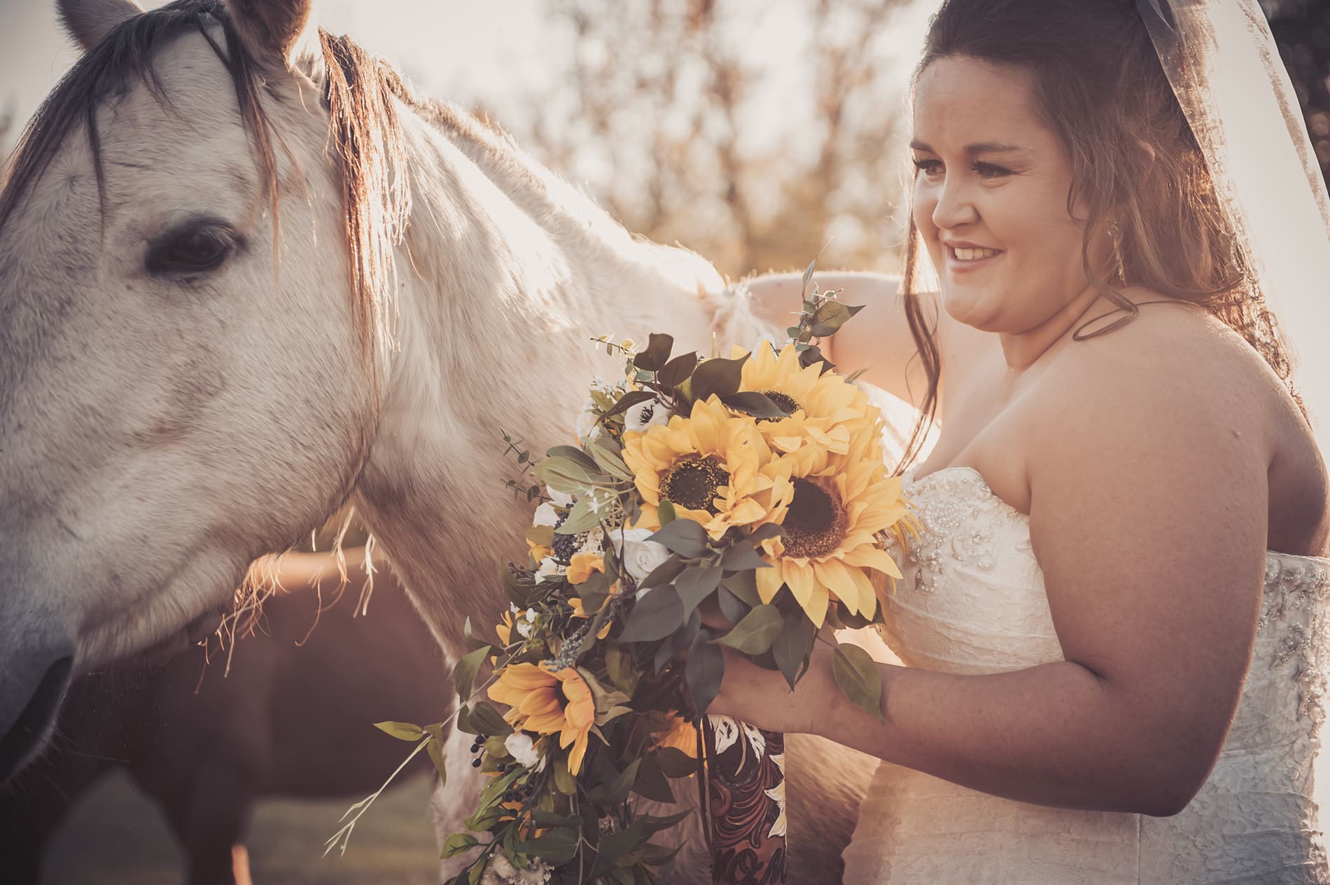 Family & Wedding Photographer, Bride near horse with sunflowers